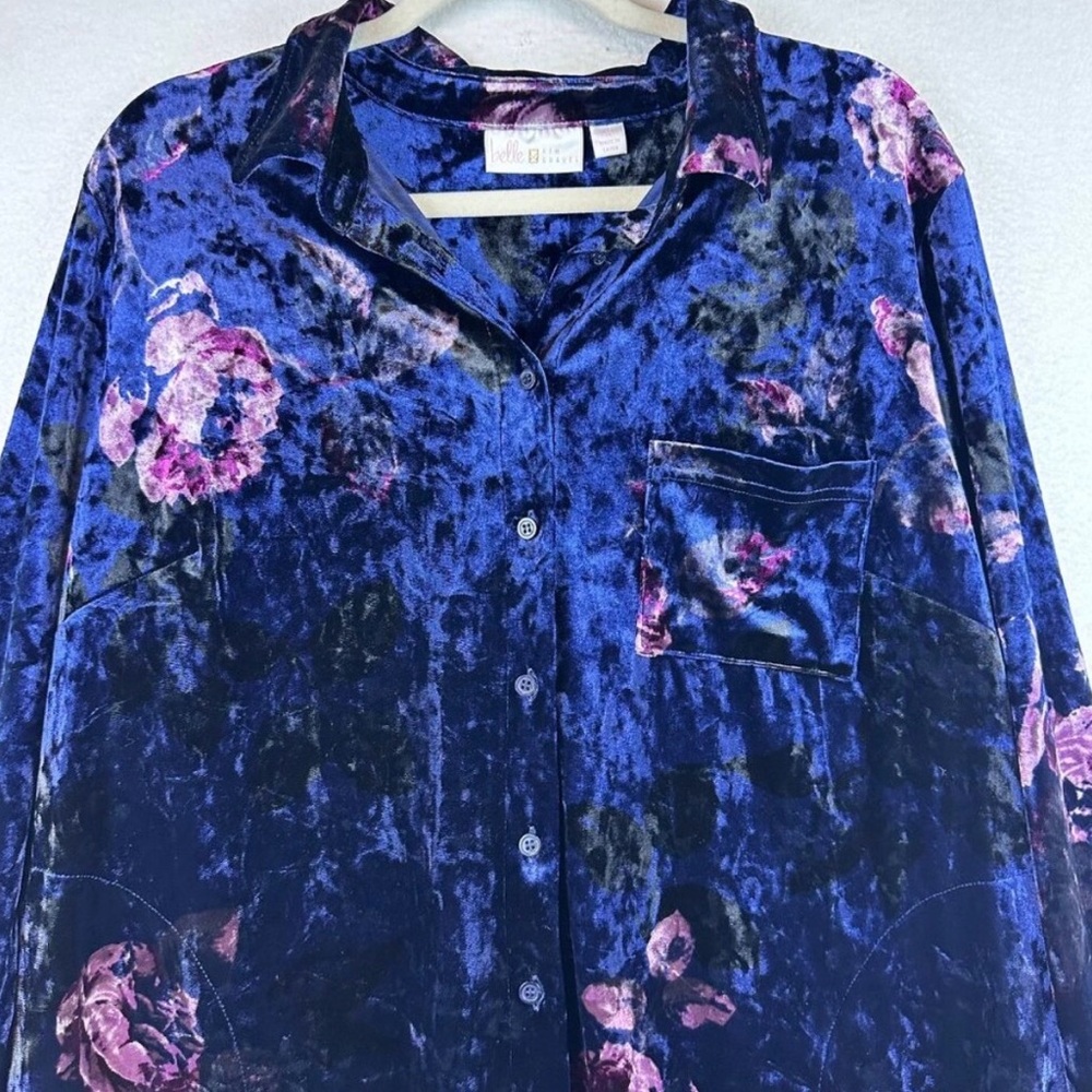 Belle by Kim Gravel Blue Velvet Button Down Shirt Pink & Purple Floral pocket